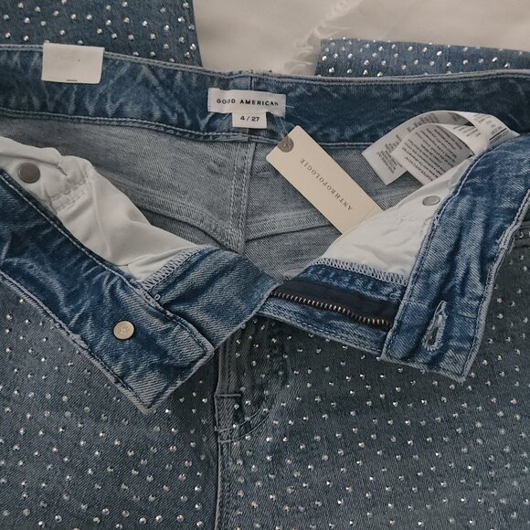 NWT Anthropologie Good American Good Ease High-Rise Rhinestone Wide-Leg Jeans 27 - Picture 8 of 11